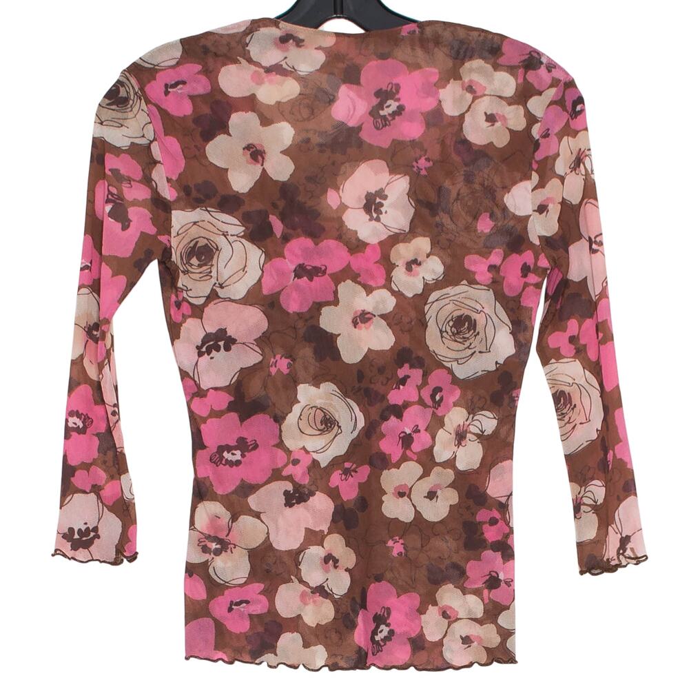Y2K Sheer Mesh Floral Top Brown Pink M Lettuce Hem 90s Fairy Grunge Coquette - Picture 3 of 6